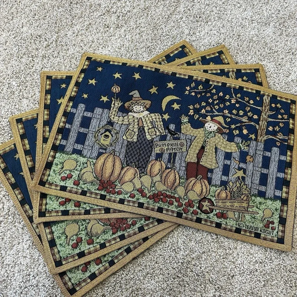 Pumpkin Patch Scarecrow Set 4 Placemats Tapestry Woven Teresa Kogut Fall Autumn